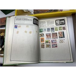 Collection of whimsy figures in a wooden display case, together with other assorted collectables, including stamps, pin badges etc