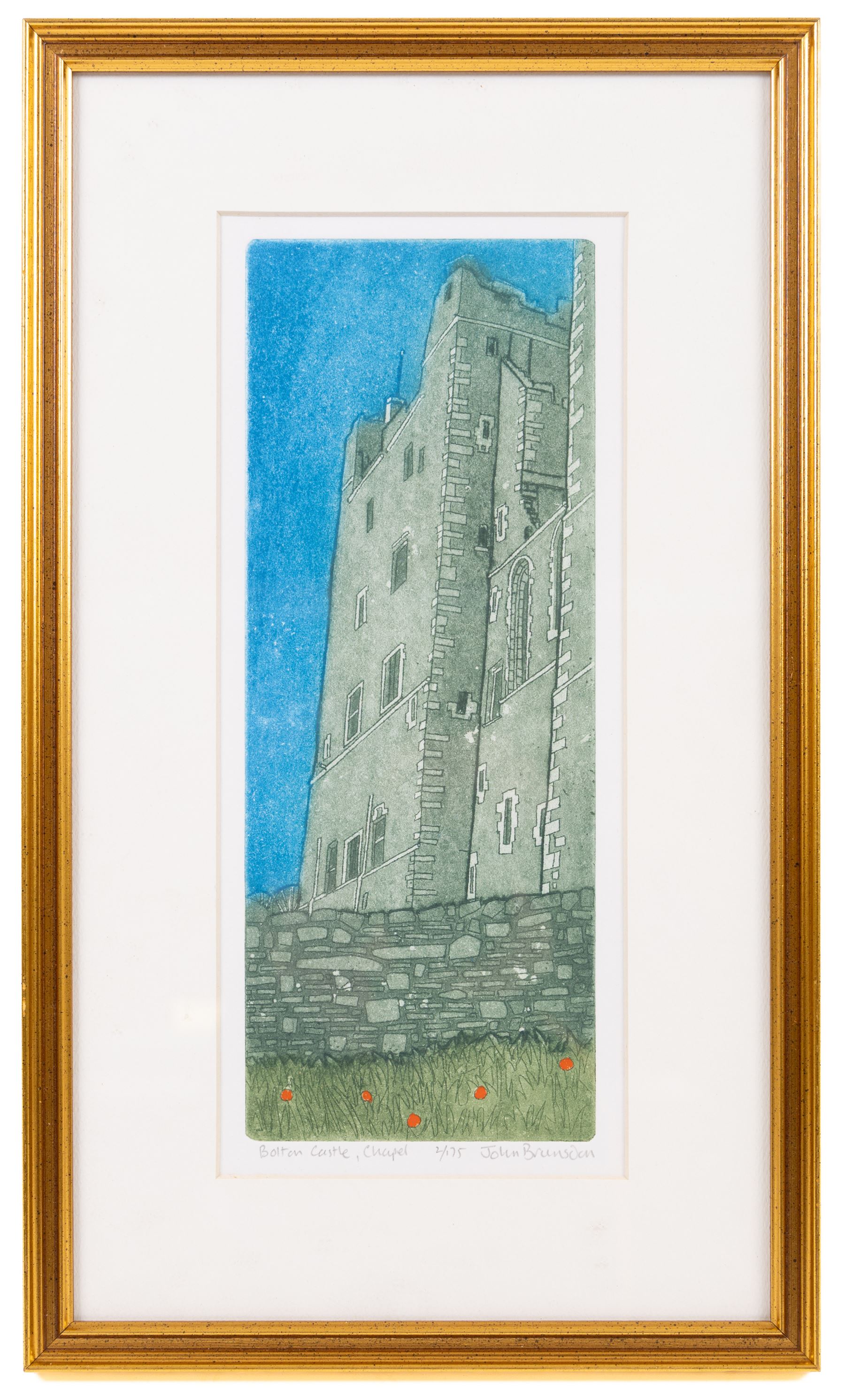 John Brunsdon ARCA (British 1933-2014): Views of Bolton Castle - Wensleydale, set three limited edition coloured etchings with aquatint signed titled and numbered in pencil 29cm x 11cm (3) (2 unframed)