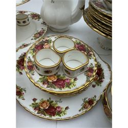Royal Albert Old Country Roses pattern tea wares, comprising coffee pot, jug and sugar bowl, cake stands, napkin rings, teacups and saucers, side plates, dessert plates, small plates, all with printed marks beneath