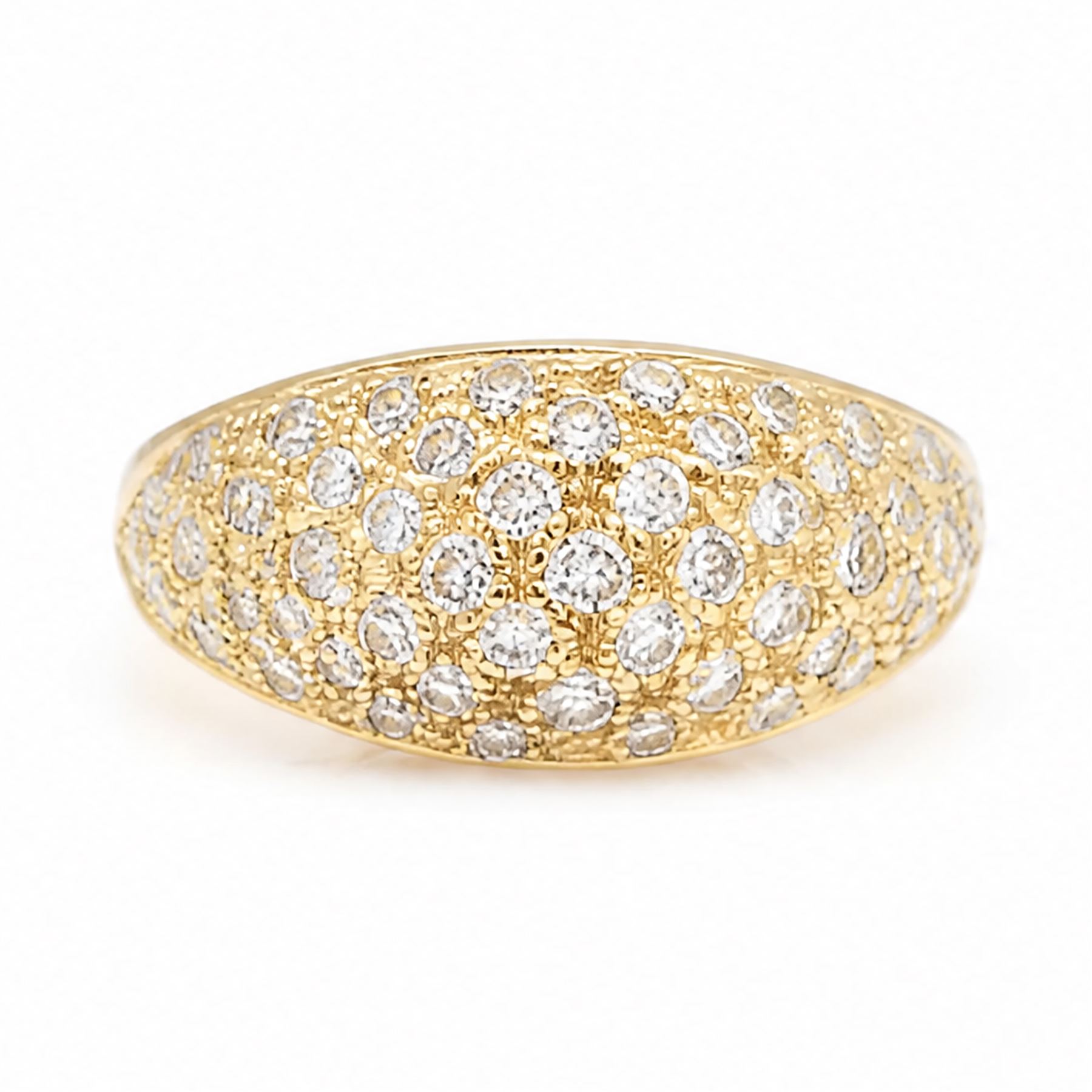 18ct gold diamond dome ring, pave set with round cut diamonds, London import mark 1989