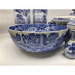 Large blue and white twin handled tureen with cover, Copeland Spode bowl, oriental blue and white jar and cover and a pair of blue and white vases