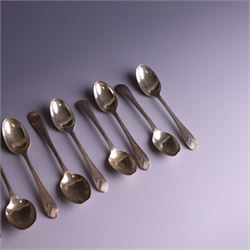 Set of ten silver late Victorian silver teaspoons, with beaded rimg and engraved fan design, hallmarked Thomas Bradbury & Sons, London 1891, and a set of five Victorian silver teaspoons with beaded rim, hallmarked Thomas Prime & Son, Birmingham 1890