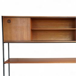 Avalon - modular teak wall unit, with black metal supports, fitted with cupboards, drawers, and adjustable shelves, corner configuration