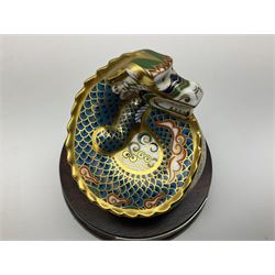 Two Royal Crown Derby paperweights, Dragon of Happiness, limited edition 1227/1500 and Dragon of Good Fortune, limited edition 1227/1500, both with gold stopper, hardwood base, certificate and with printed mark beneath