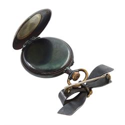 Early 20th century gun metal open face keyless cylinder fob watch with bow hanger, green/blue enamel dial with Arabic numerals and Louis XIV hands, the enamel back case depicting a clipper sailing vessel, case stamped 22902