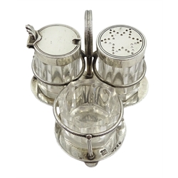  Victorian silver mounted glass cruet set, the pepperette with star design lid, on silver stand by Jonathan Wilson Hukin & John Thomas Heath, London 1882  
