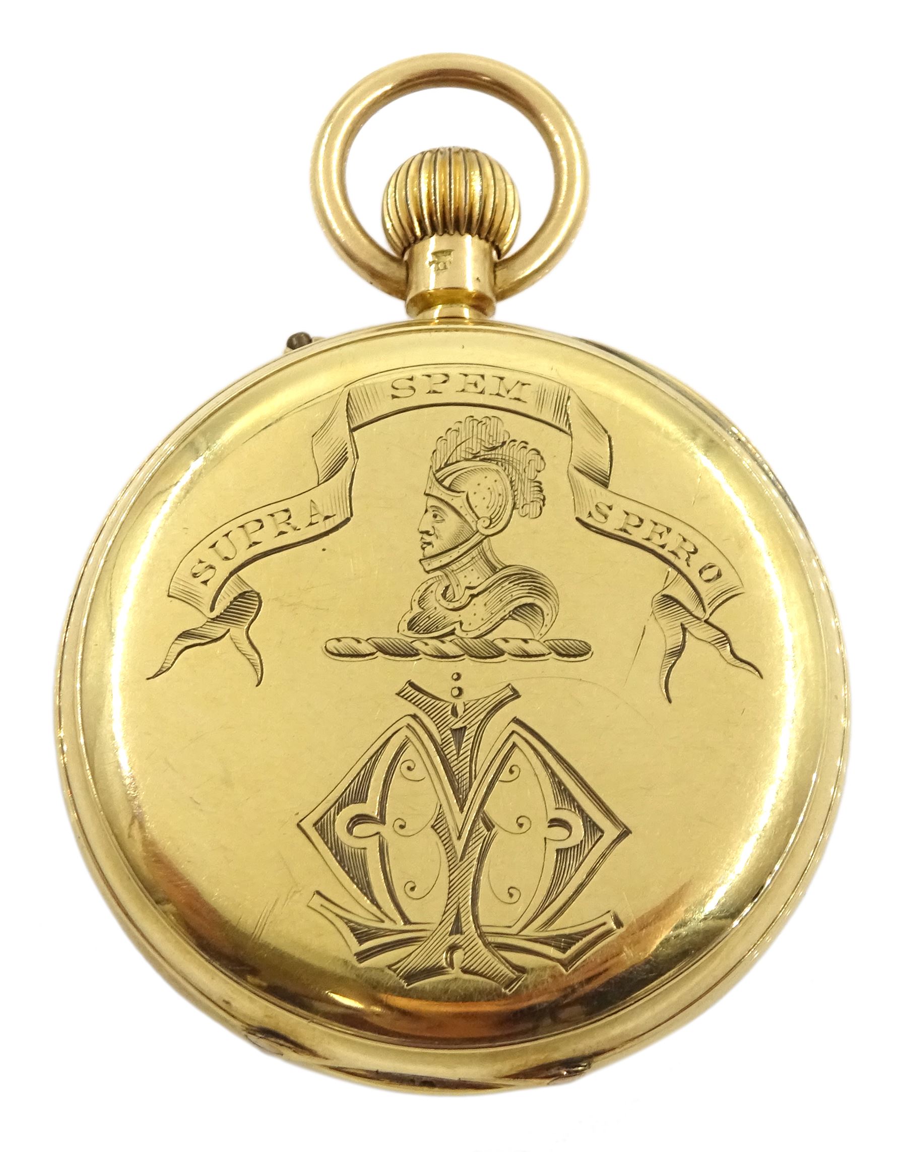 Victorian 18ct gold open face keyless lever pocket watch by L.N. Hobday & Co, Birmingham, No. 33936, white enamel dial with Roman numerals, back case engraved with coat of arms, inscription 'Supra Spem Spero' (I hope beyond hope) and initialled, case markers mark FK, London 1890