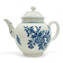 First Period Worcester porcelain teapot decorated in the Three Flowers pattern, with flower knop handle, H15cm and Worcester fluted dish decorated in the same pattern, both with cresent marks beneath (2)