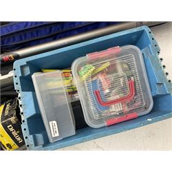 Fishing equipment, comprising reels to include Daiwa No.7300, boxed, Quick GLX 840, Quantum Heat BCS 350, okuma etc, together with various tackle, various poles, split canes and rods to include Middy Xtreme, Shakespeare Quo Carp, etc, many in bags