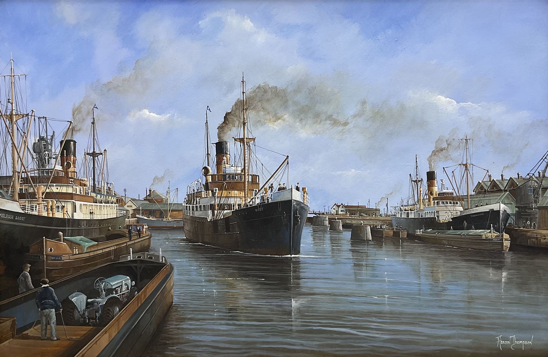 Adrian Thompson (British 1960-): 'Melrose Abbey' and other Steam Vessels at Hull Docks, oil on canvas signed 50cm x 75cm