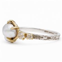 Silver and 9ct gold pearl and diamond ring by Susi Hines, single Keshi pearl set with a single round brilliant cut diamond and two rose cut diamonds, to a bark textured shank, London 2020