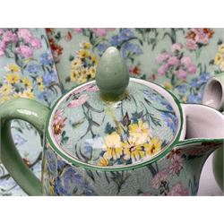 Shelley Melody pattern tea service for six, to include teapot, teapot stand, hot water jug, milk jug, covered sucrier, teacups and saucers, cake plates etc (31)