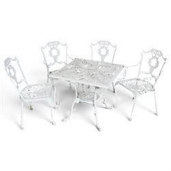 Regency design white-painted aluminium garden table, square pierced top with scrolling acanthus leaf decoration, splayed supports joined by pierced circular under-tier (W75cm H72cm), the chairs with scrolling and floral garland design backs over pierced foliate seats with cabriole supports (W48cm H90)