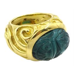 Elizabeth Gage 18ct gold molten ring, set with a carved green/blue tourmaline scarab beetle, London 1999, in original box