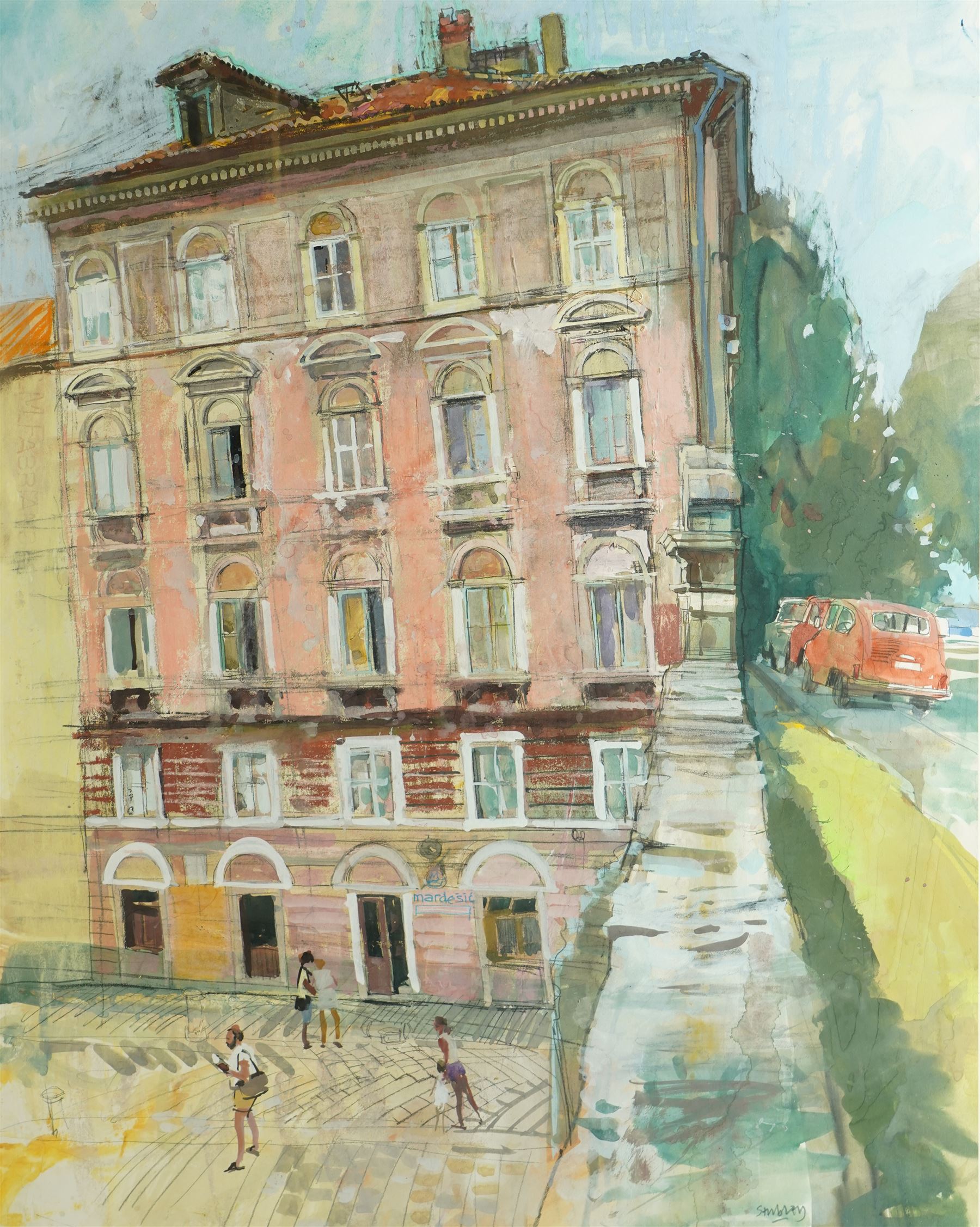 Trevor Hugh Stubley (British 1932-2010): Red Townhouse - Croatia, watercolour signed 68cm x 53cm