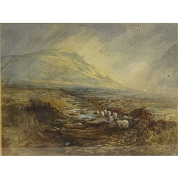  English School (19th century): Lady Tending to the Cows in a Rural Landscape, oil on canvas unsigned, Tending to the hay, 19th century watercolour unsigned, Sheep in Rural Landscape, watercolour unsigned and one Loch Scene, oil on canvas max 29cm x 39cm (4)  