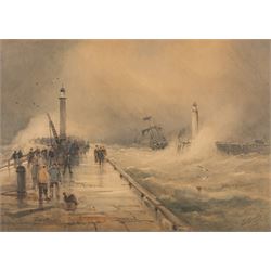Frederick William Booty (British 1840-1924): Storm at the Mouth of Whitby Harbour, waterco...