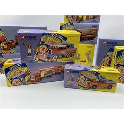 Sixteen Corgi limited edition Chipperfields Circus models - 07202 Land Rover Public Address & Clowns; 11201 ERF KV Artic with cages lions, tigers, pedestal & tamer; 14201 Foden S21 Articulated Tank Trailer with hippo & crocodile; 17801 Scammell Constructor Cannon & Ringmaster; 31703 Land Rover, Morris Minor Pick-Up, Thames Trader & AEC Fire Engine; 31901 Mary Chipperfield's Liberty Horses; 96905 Advance Booking Vehicle; 97022 AEC Regal Living Quarters; 97092 Bedford Pantechnicon Billy Smee Wardrobe; 97915 Scammell Highwayman with two trailers; 97887 Bedford O Articulated Horsebox; 97888 Foden Closed Pole Truck with Caravan; 97889 AEC Cage Truck & Trailer; 97896 AEC Pole Truck; 97957 ERF 8-Wheel Rigid Truck; and Set No.1 Six Circus Figures; all mint and boxed with certificates, some with posters, and brochure (16)
