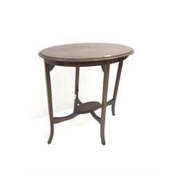 Edwardian inlaid mahogany oval occasional table, shaped supports, joining undertier 