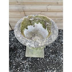 Cast stone urn, moulded rim leaf decorated body, moulded footed base on square plinth - THIS LOT IS TO BE COLLECTED BY APPOINTMENT FROM DUGGLEBY STORAGE, GREAT HILL, EASTFIELD, SCARBOROUGH, YO11 3TX