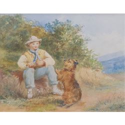 H Herbert (British 19th century): Boy Feeding his Terrier, watercolour signed and dated 1875, 22cm x 28cm