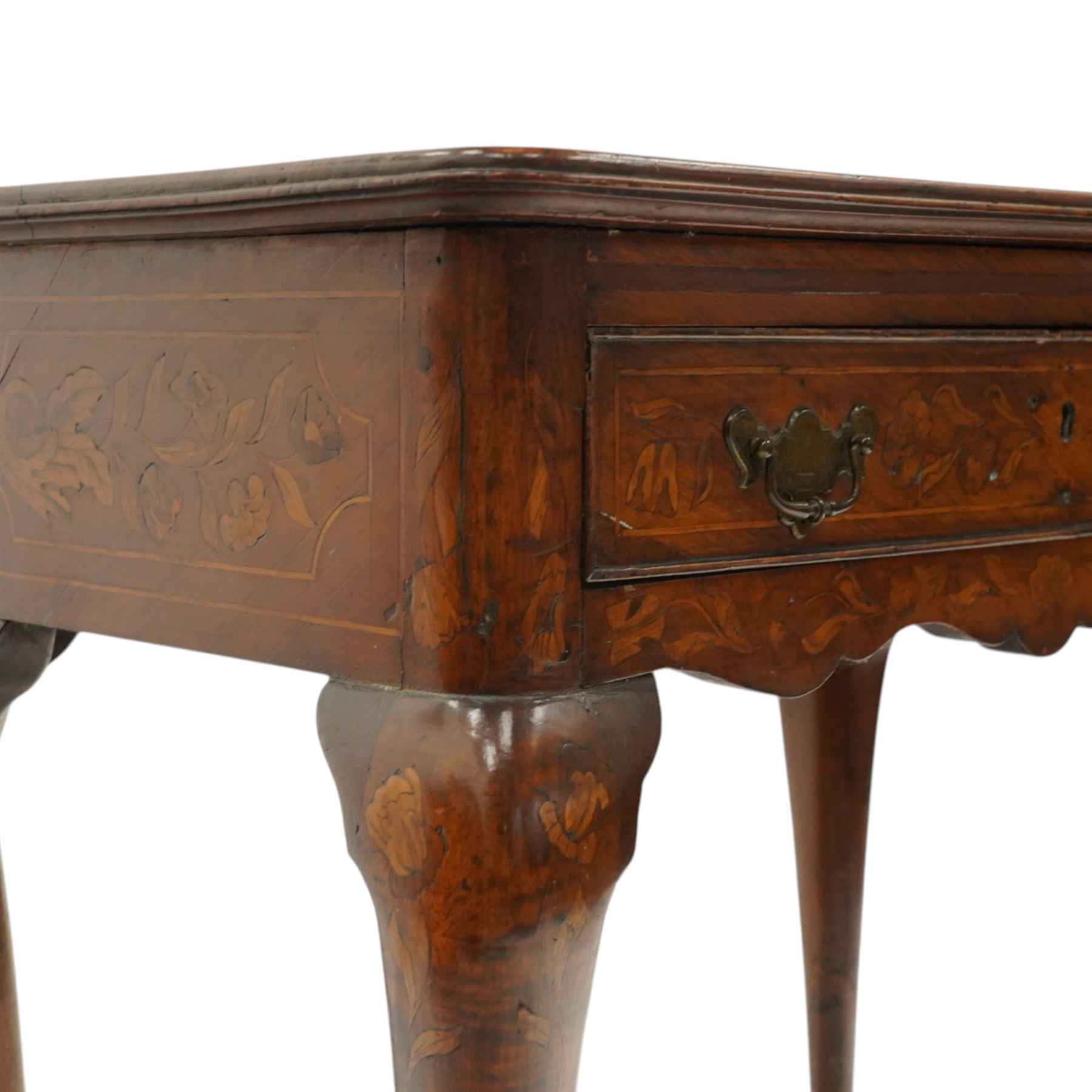 18th century Dutch marquetry side table, rectangular tray top decorated with floral inlays, fitted with a single cock-beaded drawer over shaped apron, raised on cabriole supports with pad feet