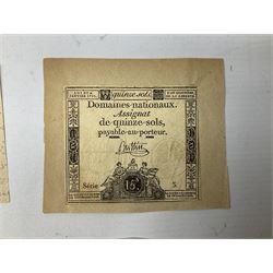 Five French Revolutionary period assignat notes (notes of this type were issued between 1789 and 1796), each mounted on paper