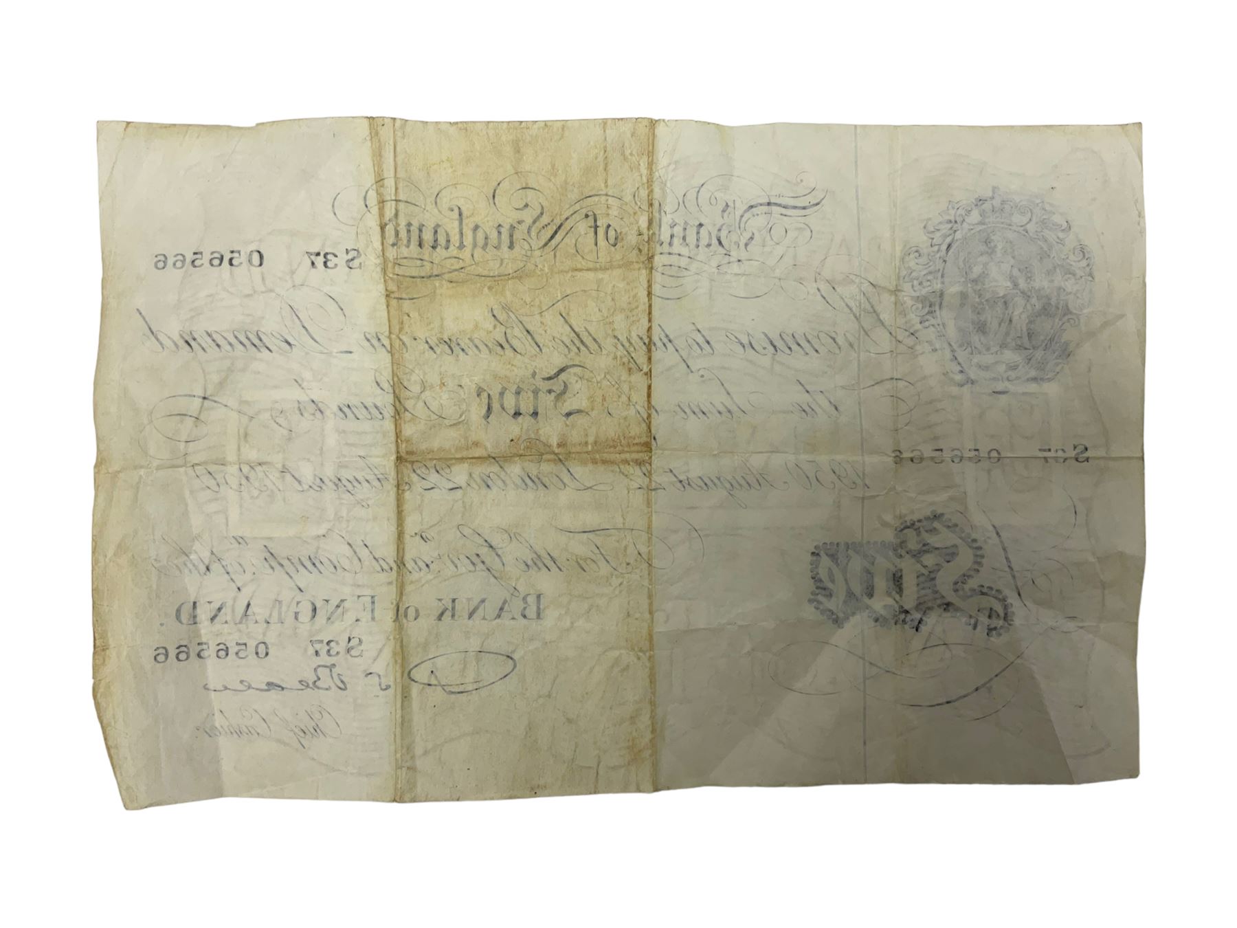 Bank of England Beale August 22nd 1950 white five pound note 'S37'