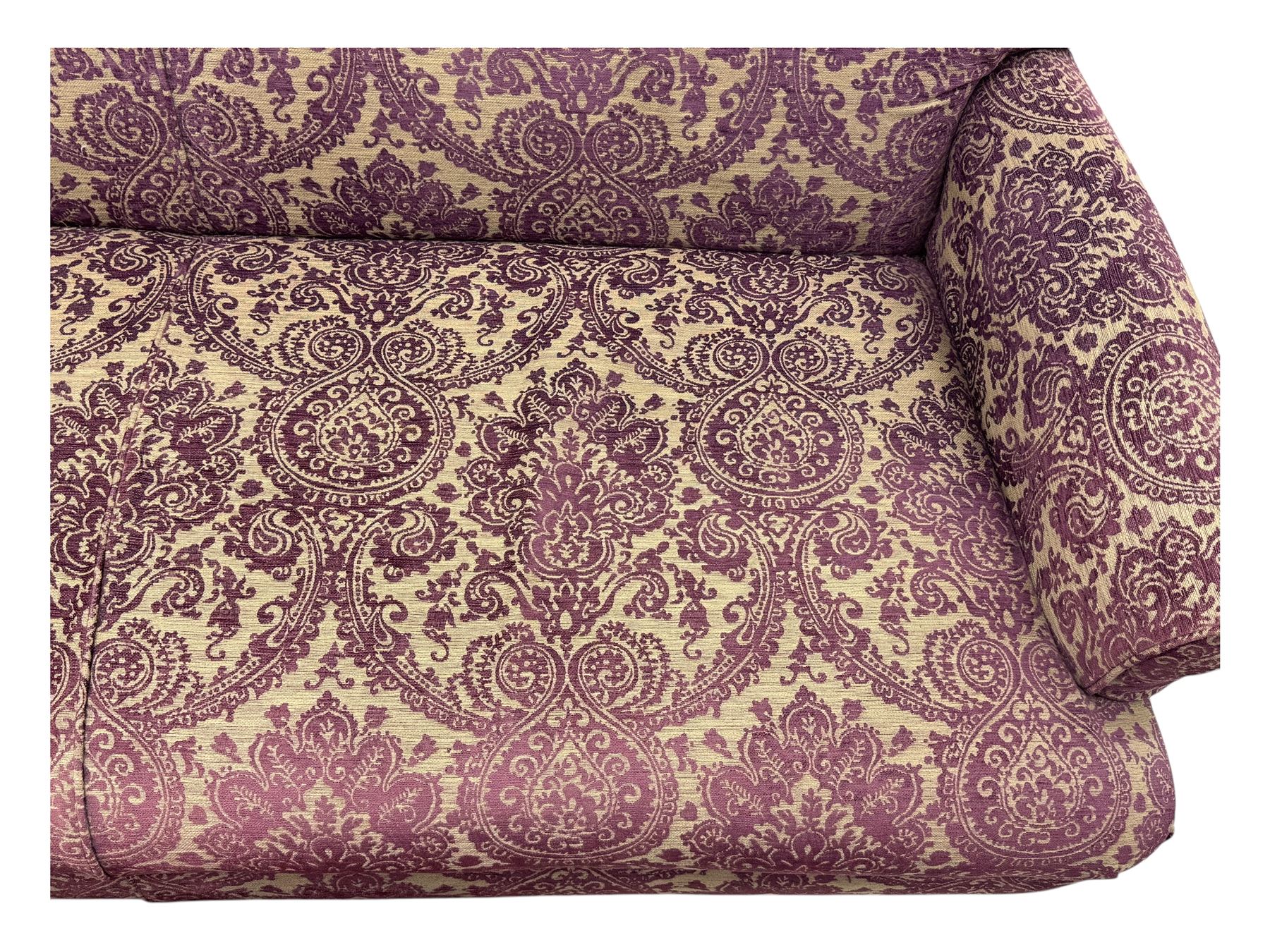 Multi-York - contemporary two-seat sofa, upholstered in damask fabric in shades of burgundy and beige, raised on turned and fluted supports; complete with matching footstool