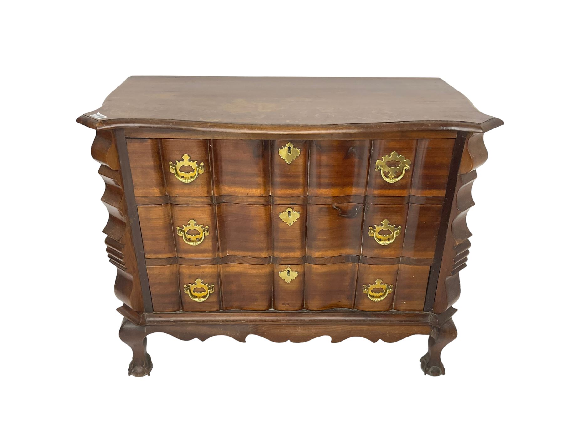19th century Dutch serpentine chest, moulded edge, fitted with three drawers with shaped fronts and brass handle pulls, flanked by shaped uprights and panelled sides, raised on cabriole supports terminating in ball and claw feet