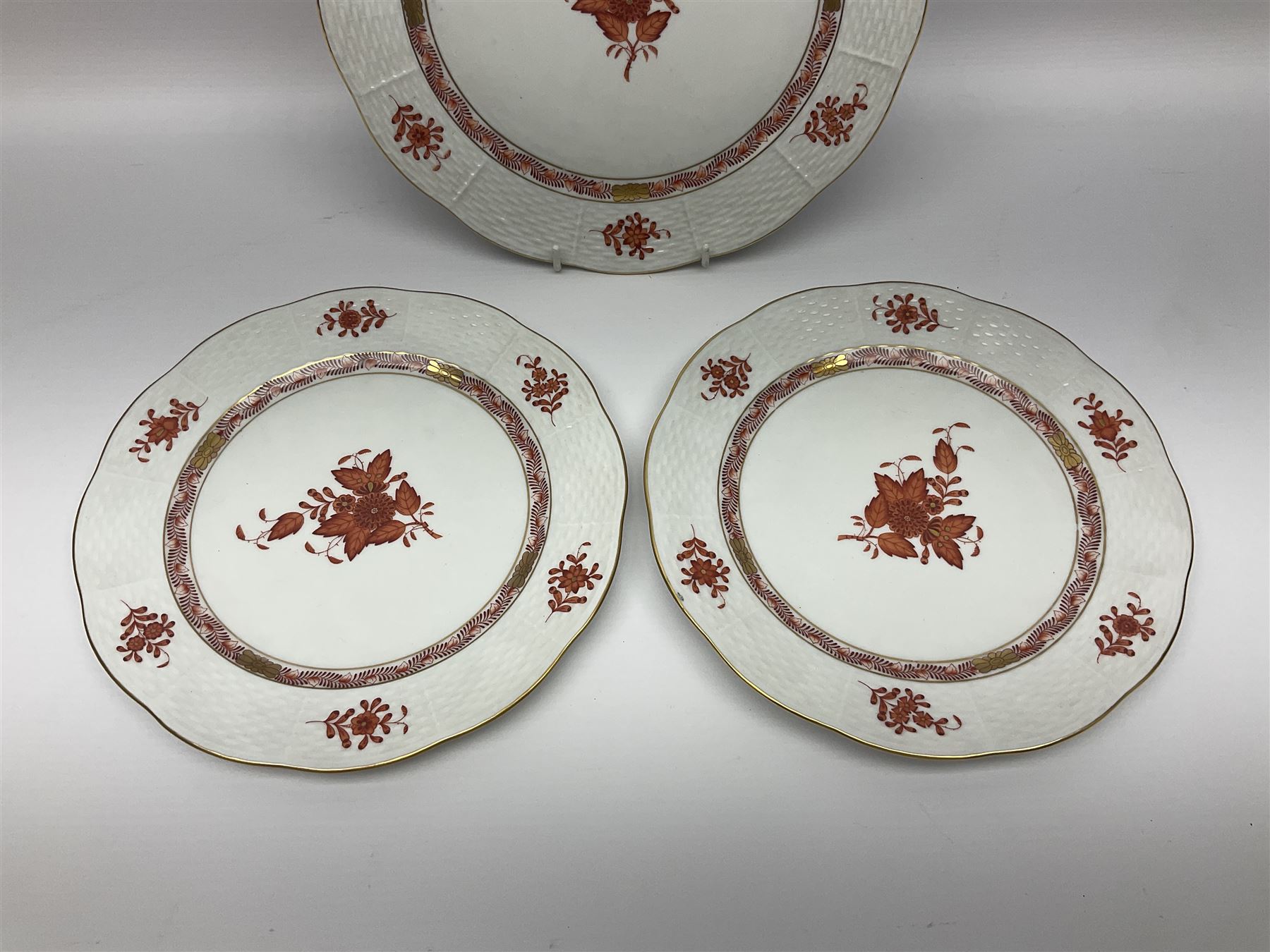 Herend Chinese Bouquet Rose pattern tea service comprising teapot, coffee pot, open sucrier, six cups and saucers, six tea plates, cream jug and stand, milk jug, two teabag holders, preserve pot, two leaf shaped dishes, four egg cups, salt & pepper pots, pair side plates and another plate