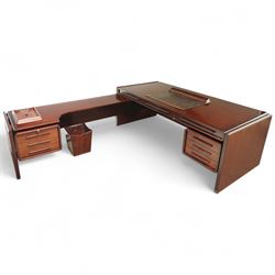Drylund - mid-century teak executive desk set, main desk with a rectangular top and leathe...