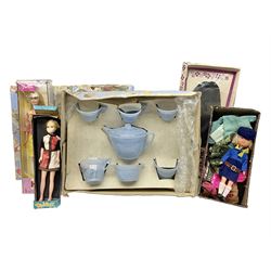 Doll's blue plastic tea set in original box marked 'Designed by Mabel Lucie Attwell'; Mattel Barbie Hip fashion doll; boxed; Twiggy fashion doll; boxed; and quantity of fashion doll clothing including boxed outfit for Lisa Littlechap etc