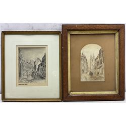 Frederick Schultz Smith (Hull 1860-1925): 'Carr Lane 1885' and Lowgate looking to St Mary's - Hull, two monochrome watercolours and ink unsigned, the former titled in the margin 16cm x 12cm and 17cm x 11cm (2) 
Notes: Born in Worthing, Sussex in 1860, F S Smith came to Hull as a small child and lived most of his life in the old St. John's Wood area in west Hull; he was still drawing in his sixties shortly before his death in 1925. Much like his near contemporary and fellow Yorkshire artist Albert Thomas Pile (1882-1981), his drawings are visual 'snapshots' in time, often produced to record buildings that were due to be demolished. Smith was commissioned to produce around three hundred drawings for C E Fewster, a paint maker in Hull who collected historical records. Some were also used as illustrations in books and newspapers, such as the Eastern Morning News, whilst others were sold to the owners of premises which he had drawn.