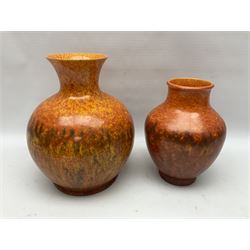 Two Pilkington's Royal Lancastrian vases of baluster form decorated in orange Vermillion, larges H27cm