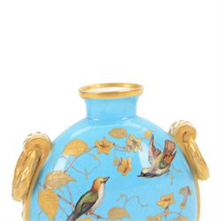Royal Crown Derby moon flask, decorated with birds in branches upon a blue ground, with gilt detail, printed mark beneath, H20cm