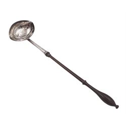 George II silver toddy ladle, the silver bowl of oval form, with engraved initials to underside, hallmarked London 1741, maker's mark indistinct, with turned wooden handle, L33cm