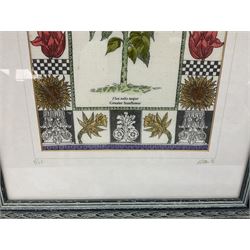 Pair of embroidered panels worked with floral studies of Greater Sunflower and Double Blew-Bottles, by Kirsten Bell, signed and dated '94, housed in glazed frames, W33cm. H43.5cm