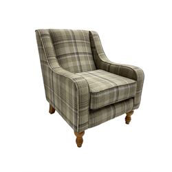 Armchair upholstered in checkered fabric, turned beech feet