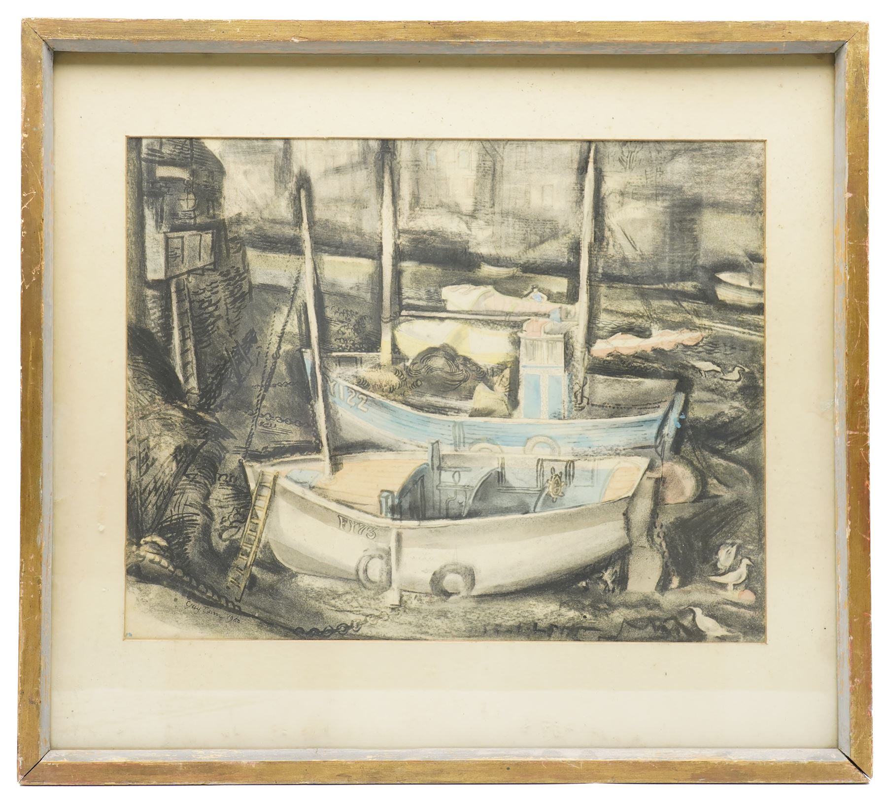 Guy Burn (British 20th Century). 'Polperro Harbour', mixed media signed and dated 1950, titled on The Leicester Galleries label verso 37cm x 47cm