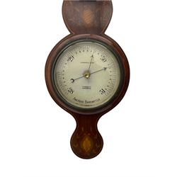 A compact Edwardian Aneroid barometer in a  Regency “Sheraton style”case, broken pediment with finial and rounded base, mahogany veneered with satinwood stringing to the edge and panels of coloured and shaded conch shell and leaf inlay enclosed within entwined leaves, with a six inch dial recording barometric air pressure from 28 to 31 inches in fifths of an inch, steel indicating hand and brass recording hand, dial inscribed “J Casartelli & Son, 43 Market Street, Manchester”, with a flat bevelled glass and brass bezel, glazed arched topped thermometer box with a spirit thermometer and silvered register recording the temperature in degrees Fahrenheit.
*J Carsatelli & Son (1896-1925) A partnership between Joseph Lewis and his son Joseph Henry. The elder Joseph died in 1900 and the son carried on the business until his death in 1925.  
