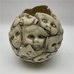 Studio pottery bowl, decorated with faces and a green glaze finish, H18cm 