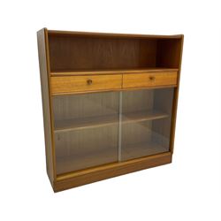 Nathan - teak open bookcase, fitted with sliding glass doors and two drawers