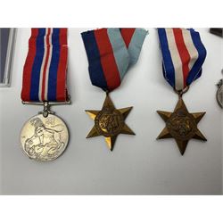 WW2 group of three medals comprising 1939-1945 War Medal, France & Germany Star and 1939-1945 Star; all with ribbons; 1930s Hull Savings Bank silver and enamel presentation fob; three medallions depicting Hitler, Mussolini and Mao Tse Tung; quantity of modern crowns and other coins; and a 6mm Flobert style starting pistol