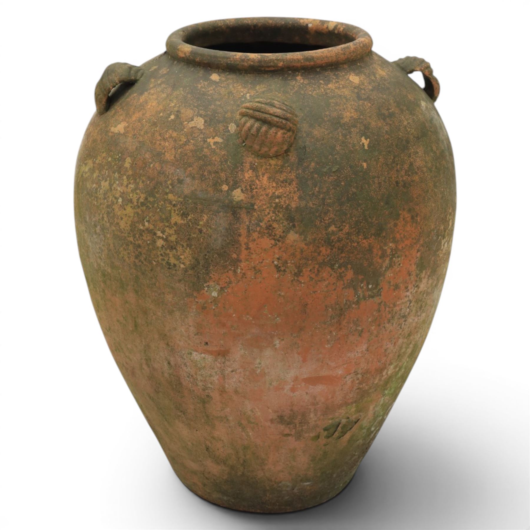 Large 20th century weathered terracotta urn, of ovoid form with four loop handles to shoulder, H61cm