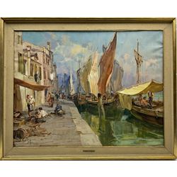 Angelo Brombo (Italian 1893-1962): Busy Venetian Waterfront, oil on canvas signed 69cm x 89cm
Provenance: with 'Florence Art Gallery', 3 Via Tornabuoni, Florence, label verso