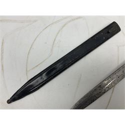 British No 7 MKI knife bayonet with 20cm single edged fullered clipped point blade;  blackened steel, large muzzle ring cross-guard; blackened swivelling pommel marked 'F5H'; red Tufnol composite grips; in blackened steel scabbard L33cm overall; British Pattern 1888 bayonet with scabbard; and German Ersatz bayonet with scabbard (3)