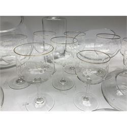 Collection of glassware, to include decanter, contemporary bowl set and a similar example, tumblers, wine glasses etc