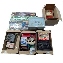 Quantity of OO gauge model railway, Meccano and other items and a pine toy box