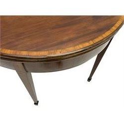 George III inlaid mahogany card table, demi-lune fold-over top with satinwood band and large fan motif, baize lined interior, double gate-leg action base, on square tapering supports with spade feet